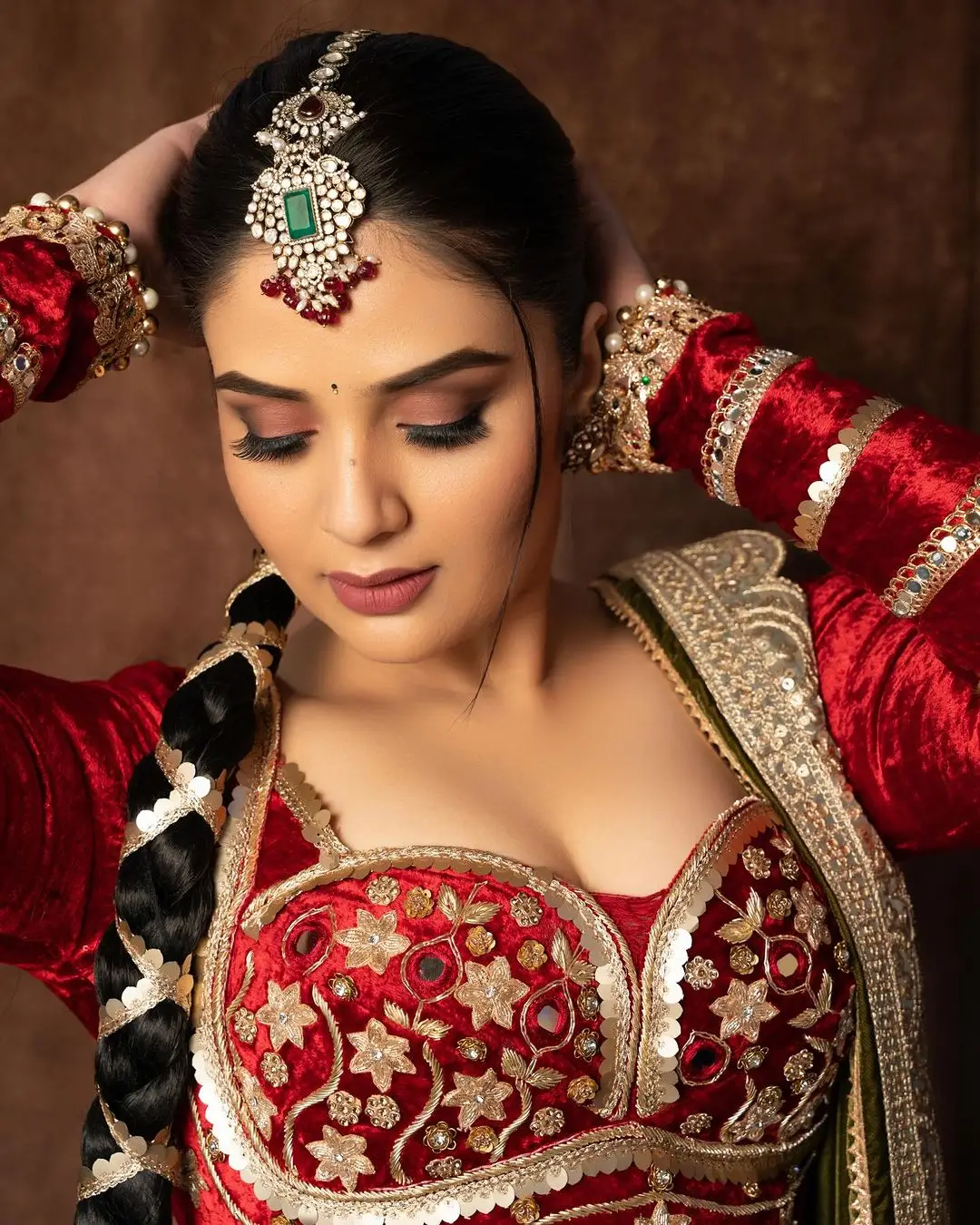 Indian TV Actress Sreemukhi in Traditional Green Lehenga Red Choli